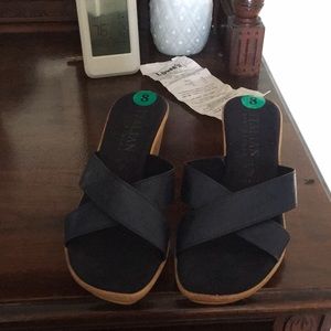 Navy Leather wedge sandals. Size 8  worn. One time.  Very good condition